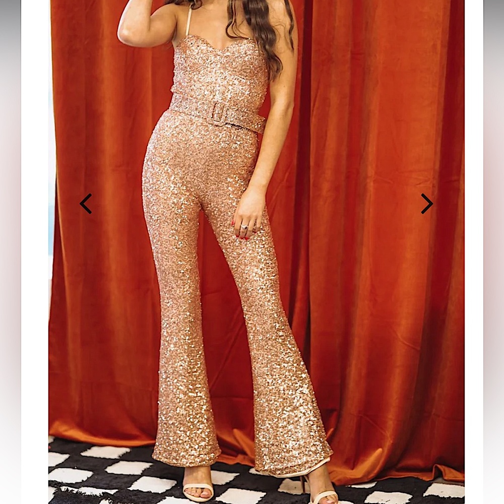 All Dolled Up Sequin Rose Gold Jumpsuit